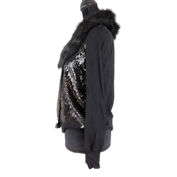 Jones New York Petite Black Fur Collar Wool Blend Sequins Cardigan Sz PM NWT - Picture 5 of 9
